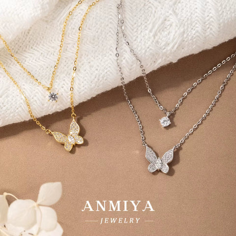ANMIYA Women'S Double-Layer Diamond Butterfly Necklace with Collarbone Chain Elegant and Minimalist Pendant