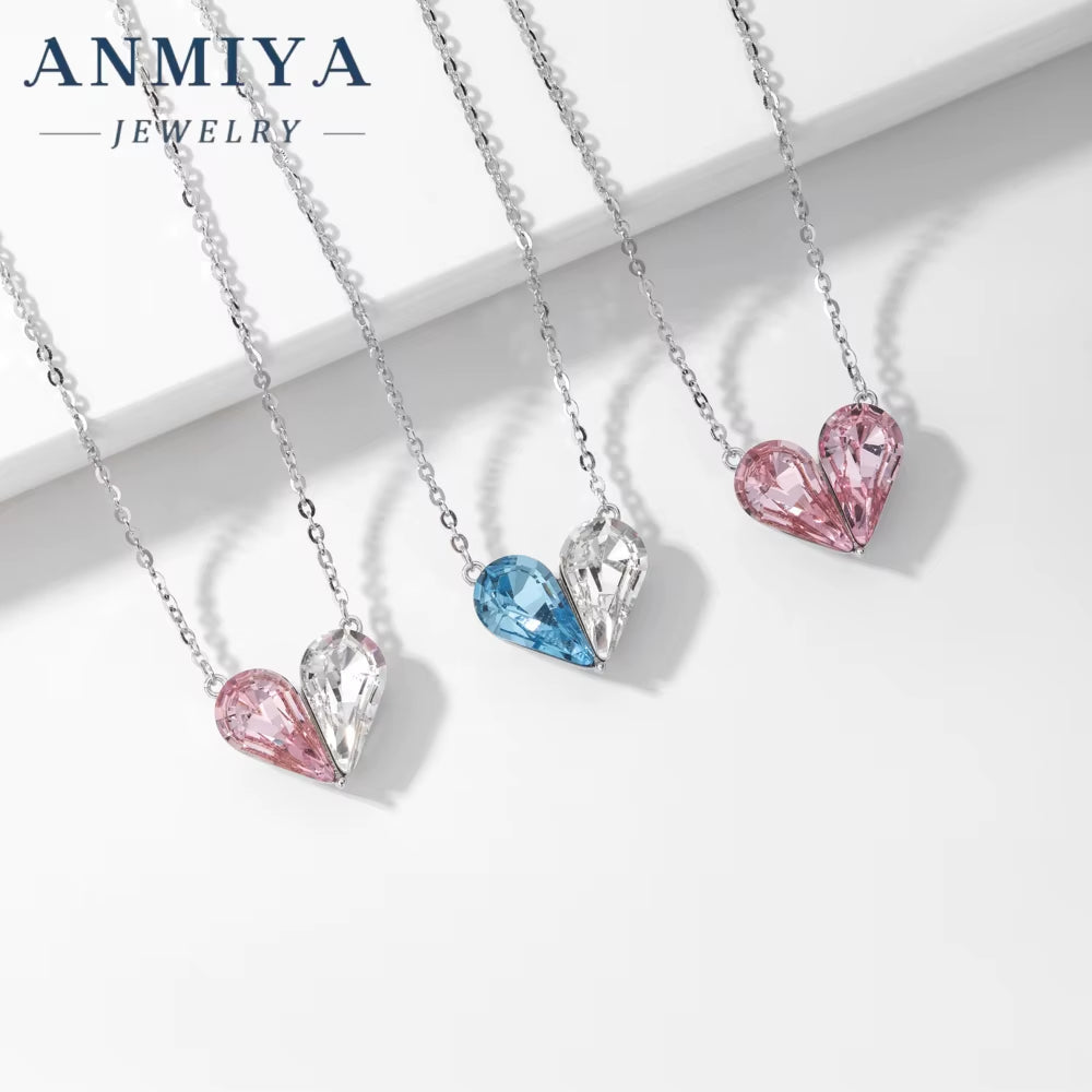 Original Design Silver Plated Necklace S925 Sterling Silver Pendant Necklace Pink Heart Crystal Necklace for Women Girls