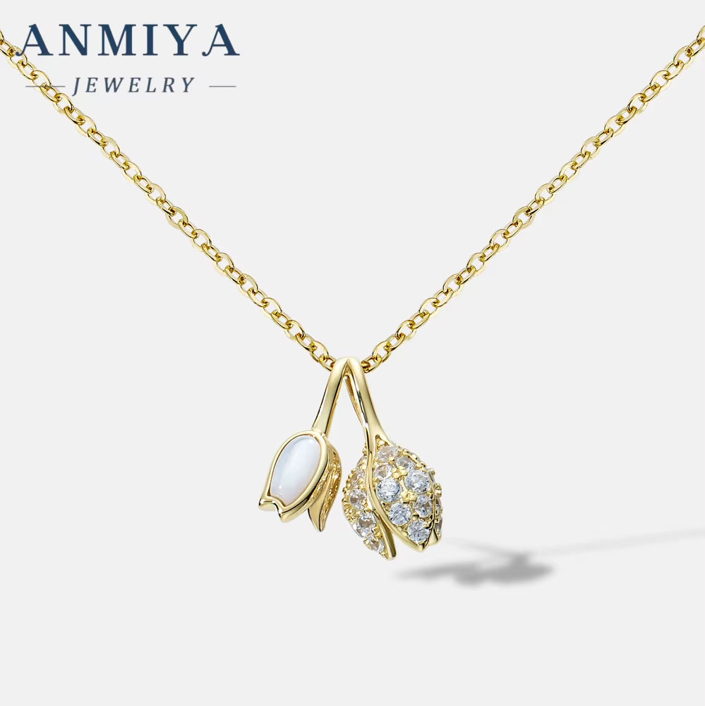 ANMIYA New 925 Sterling Silver Cute 18K Gold Plated Rose Flower Pendant Women'S Necklace Jewelry