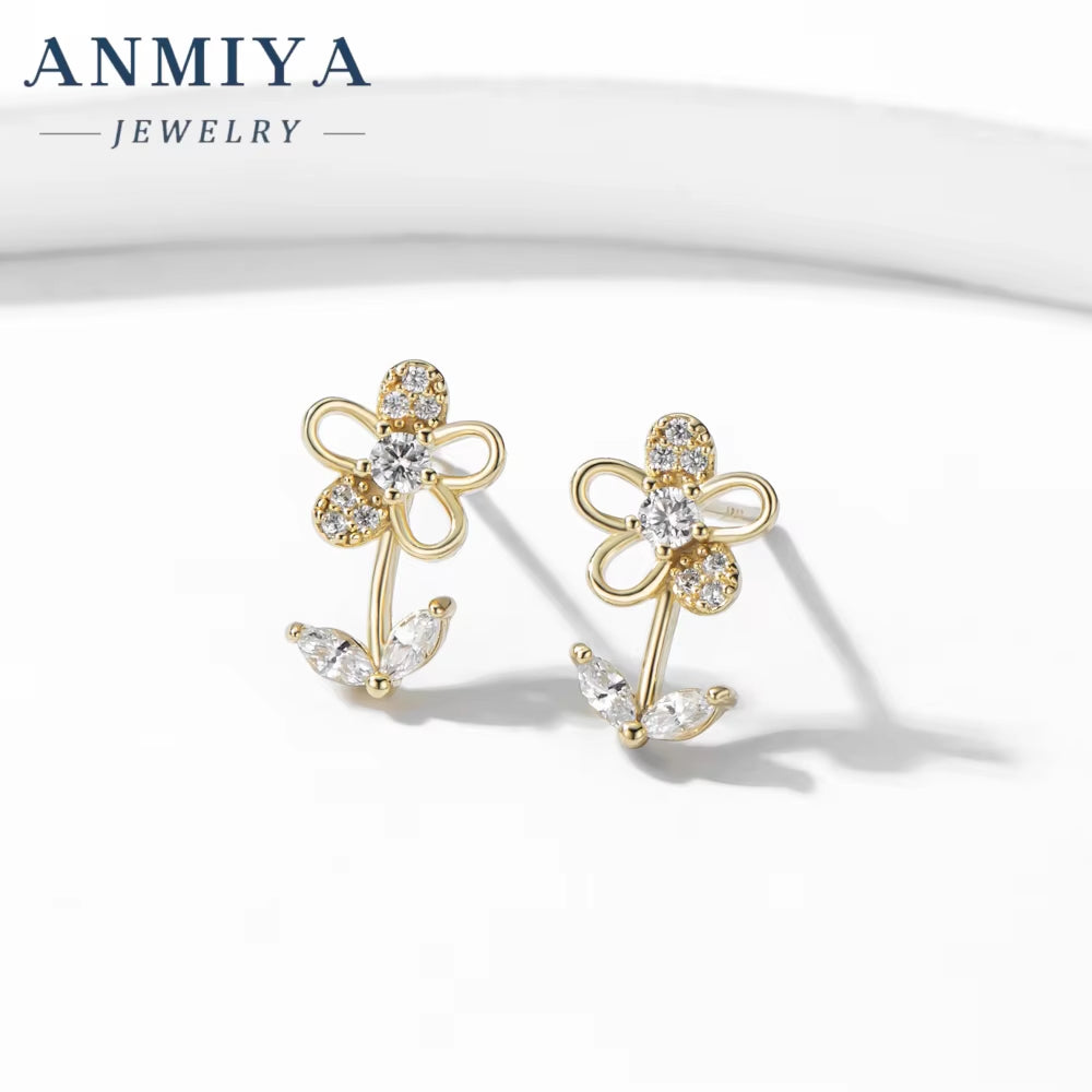 Bling Cubic Zirconia Flower Golden Stud Earrings 925 Sterling Silver Fashion Shiny Jewelry Waterproof Stud Earrings for Women