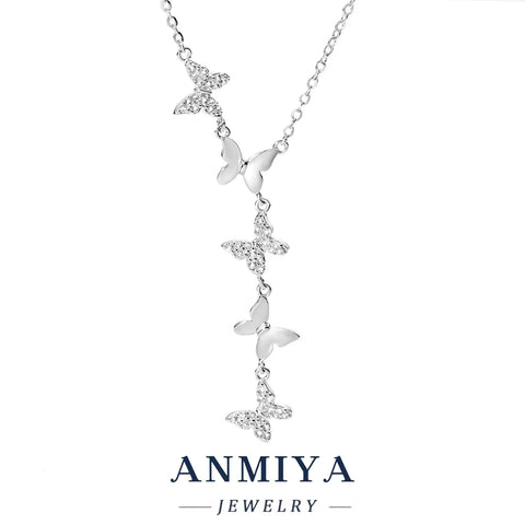 ANMIYA 925 Sterling Silver Butterfly Five Hanging Pendant Necklace with Zirconia Inlay Necklace