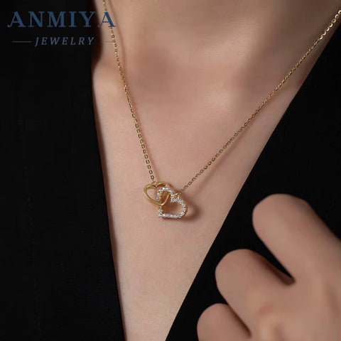 ANMIYA 925 Sterling Silver Heart-Shaped with Zircon Diamond Pendant Women Wedding Necklace Chain Couple
