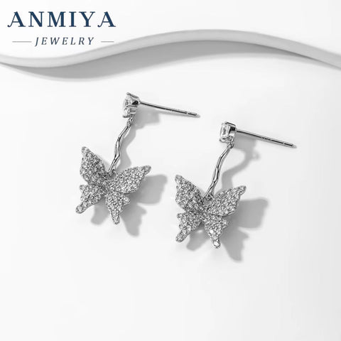 Super Shining Full Zircon Butterfly Stud Earrings Sweet Girls 925 Silver Plated Rhinestone Crystal Women Earrings