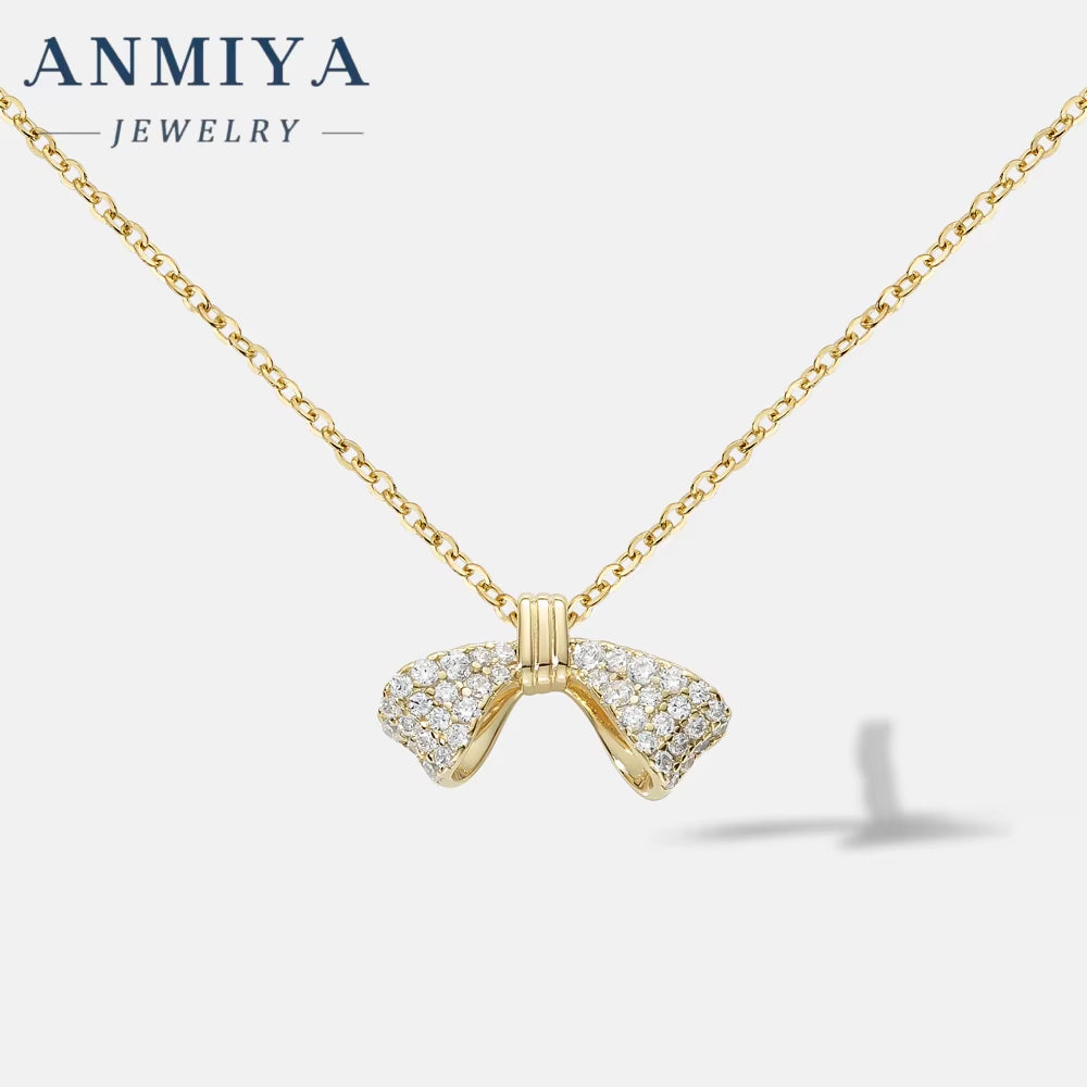 ANMIAY Simple and Fashionable S925 Silver Necklace with Zirconia Sweet and Lovely Girl'S Bow Necklace
