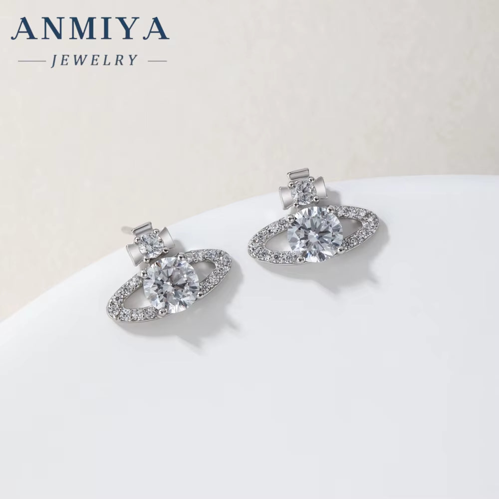 ANIMIYA 3D Saturn Inlay Zircon Lab Diamond Fine Fashion 925 Sterling Silver Necklace Earrings Set for Valentine'S Day