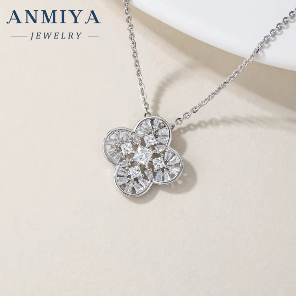 High End Rhodium Plated Zirconium Four Leaf Clover Set S925 Sterling Silver Necklace Earrings Set Jewelry