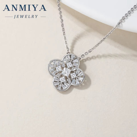 High End Rhodium Plated Zirconium Four Leaf Clover Set S925 Sterling Silver Necklace Earrings Set Jewelry