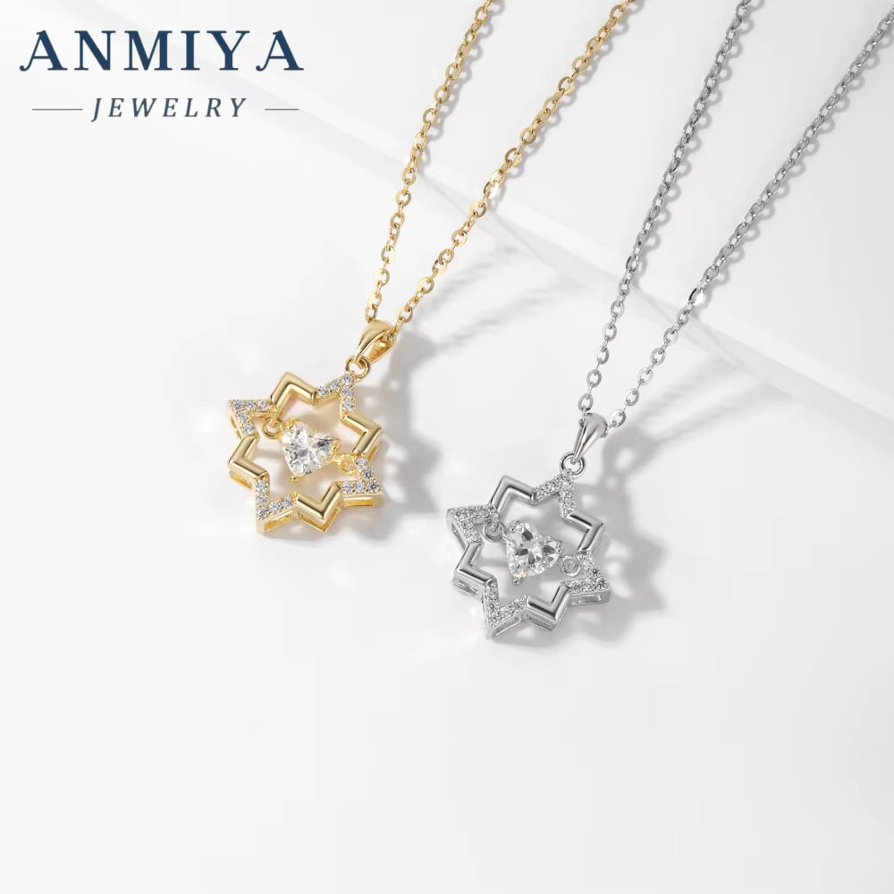ANMIYA 925 Silver 18K Gold Plated Trendy Hollow Star with Zircon Heart Necklace Valentine'S Day Gift