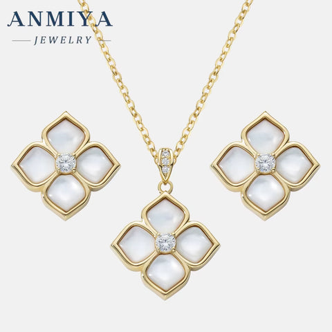 ANMIYA Wholesale S925 Silver Petal Four Leaf Clover Chalcedony Zircon Earrings Necklace Set for Wedding Party or Gift