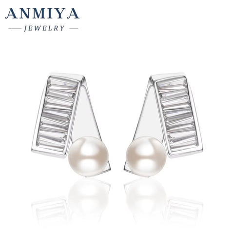 ANMIYA Unique Elegant Sterling Silver Trendy Pearl Earrings ZC Bridal Stud Earrings