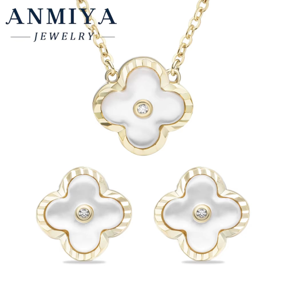 Hypoallergenic Lucky Clover Motif Silver 925 Set with Centered Zircon Inlay Necklace and Earring Sets for Jewelry Lovers