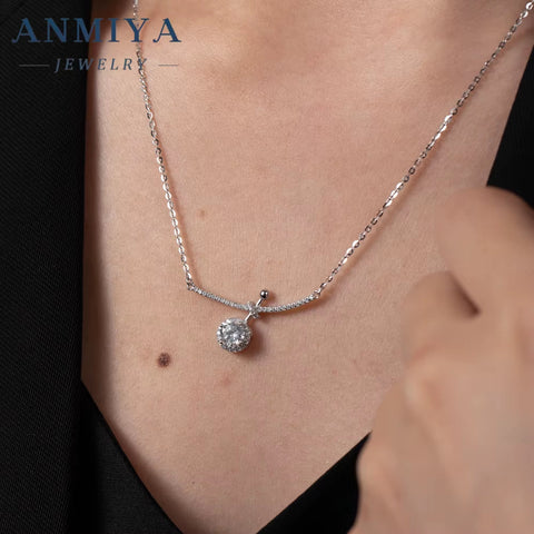 Luxury Silver Plated Shiny round Shaped Zircon Pendant 925 Silver Necklace Women for Banquet Wedding Gift