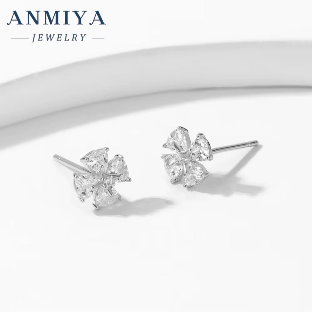 Fashion Silver-Color Tiny White Cubic Zirconia Micro Paved Flower 925 Silver Stud Earrings for Girls