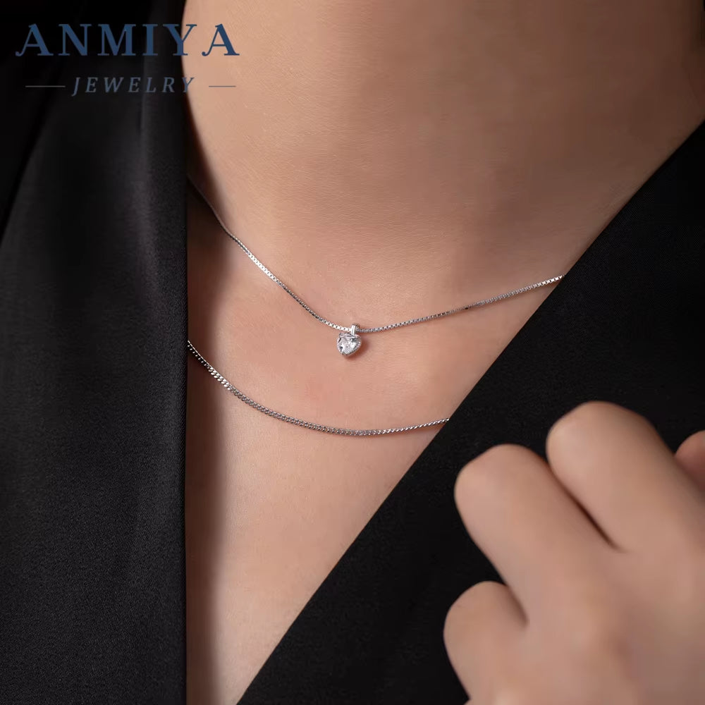 ANMIYA 18K Gold Plated Double Layer Chain Necklaces 925 Silver CZ Zircon Heart Pendant Necklaces for Mother