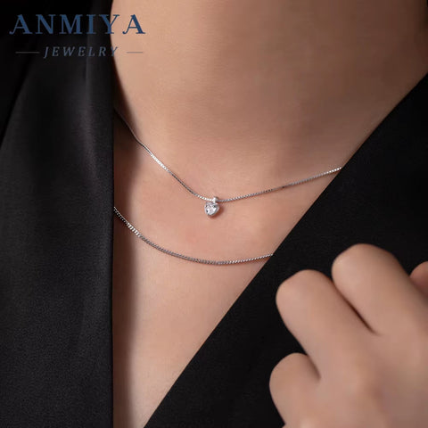 ANMIYA 18K Gold Plated Double Layer Chain Necklaces 925 Silver CZ Zircon Heart Pendant Necklaces for Mother
