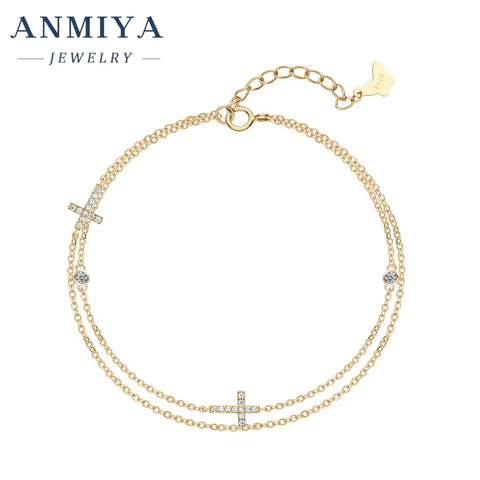 ANMIYA S925 Silver Double Link Chain Bracelet Femme Bracelets with Cross Chain