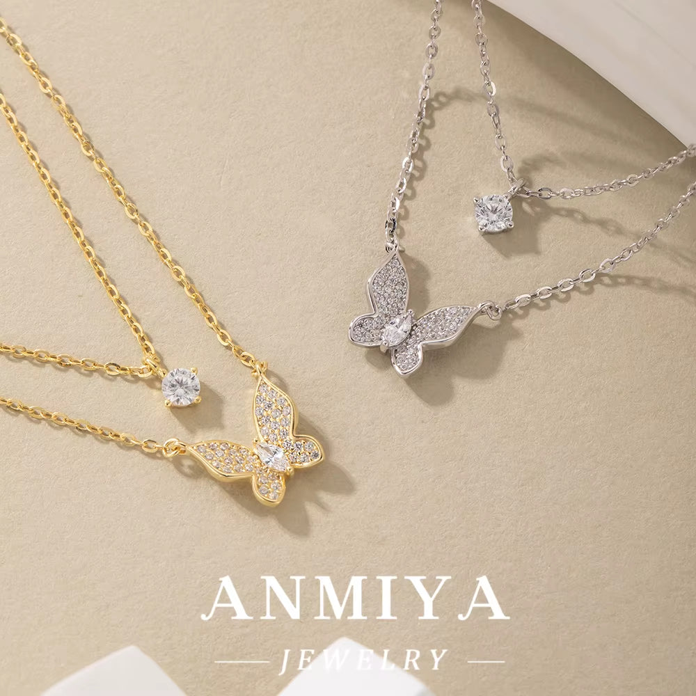 ANMIYA Women'S Double-Layer Diamond Butterfly Necklace with Collarbone Chain Elegant and Minimalist Pendant