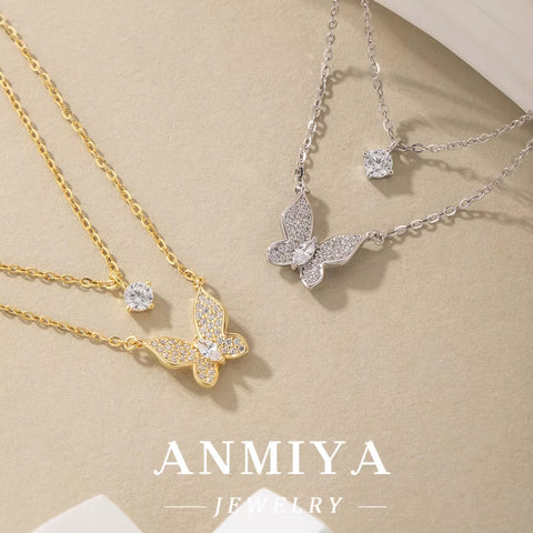 ANMIYA Women'S Double-Layer Diamond Butterfly Necklace with Collarbone Chain Elegant and Minimalist Pendant