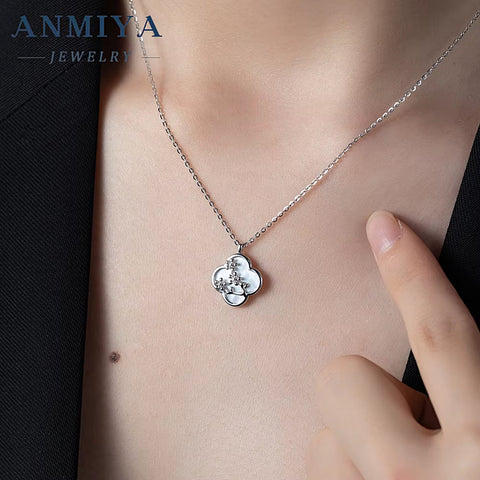 925 Sterling Silver Plum Blossom Necklace Four Leaf Clover Zircon Necklace for Women Men