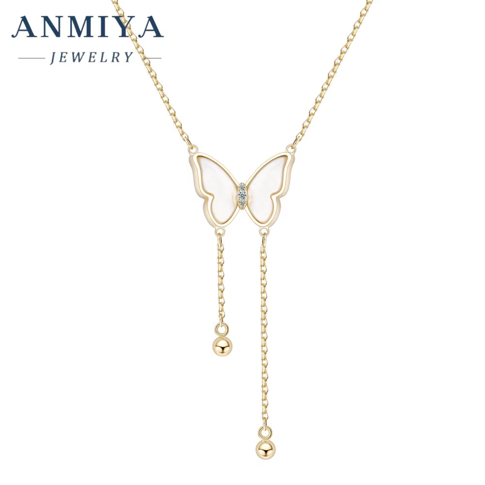ANMIYA Fashion Jewelry Necklace Female 18K Gold Plated S925 Butterfly Long Tassels Necklace Women