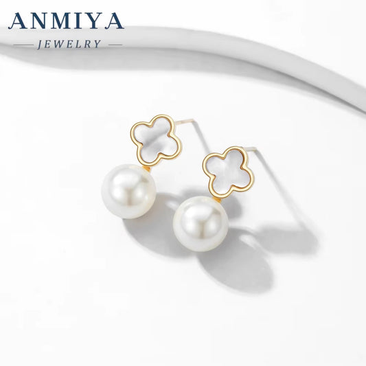 Fashion S925 Sterling Silver High-End Jewelry Women'S White Mother of Pearl Leaf Clover Earrings 18K Gold Plating Party Gift