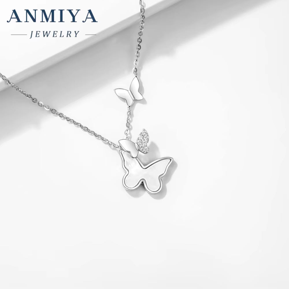 Fashionable Women Cute Butterfly Shape Zircon Main Stone Rhodium Plated Link Chain Jewelry 925 Sterling Silver Pendant Necklaces