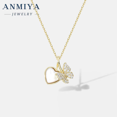 ANMIYA Shiny High Quality 925 Sterling Silver 18K Gold Butterfly and Heart Shape Fashion Necklace