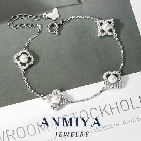 Gift Box Included Luxury Silver Jewelry Trio - Pear-Inlaid Clover Bracelet with Floral Cutouts Accents for Wedding