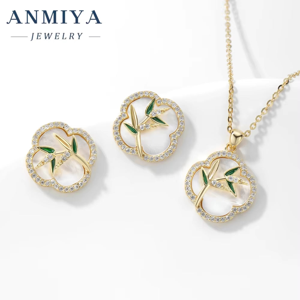 2024 Fashion Hot Sell New Simple Necklace Earrings Jewelry Set 925 Silver Bamboo Clover Jewelry for Women