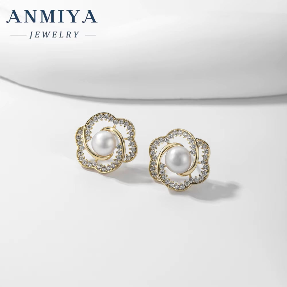 New Fashion Rose Pearl Earrings 925 Silver Women'S High-Grade Personality All-Match Rose Earrings Exaggerated Earrings