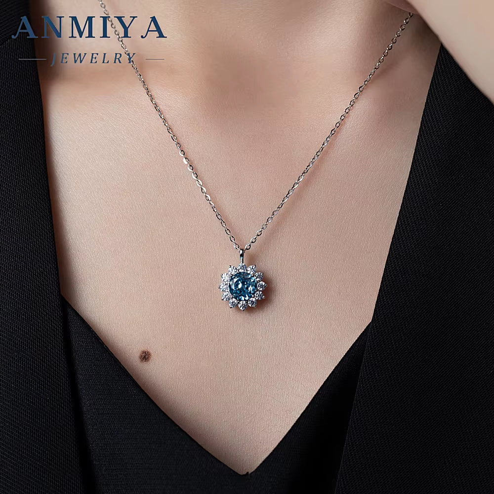 Silver 925 Fine Women Jewelry Ice Crushed Cubic Zirconia round Brilliant Cut Sun Shape Pendant Charms Necklace