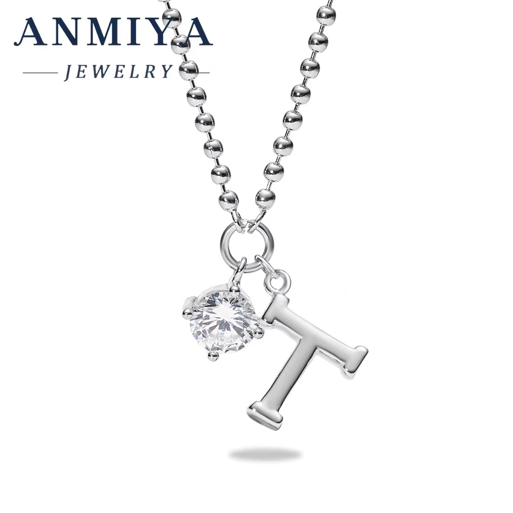 ANMIYA Wholesale 925 Sterling Silver T Letter Pendant Necklace with Zircon & Gold Plating for Women