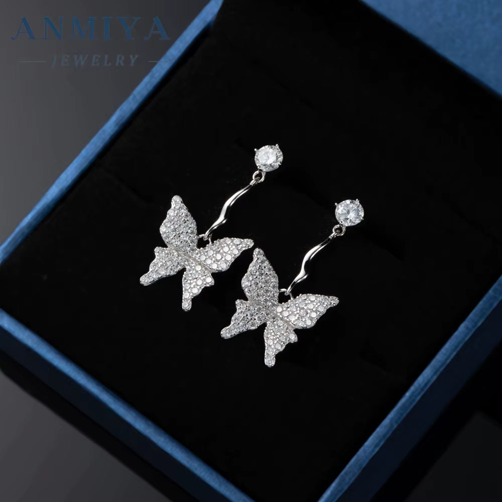Super Shining Full Zircon Butterfly Stud Earrings Sweet Girls 925 Silver Plated Rhinestone Crystal Women Earrings