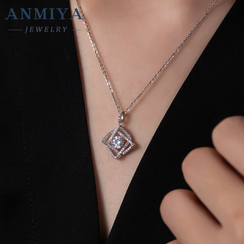 ANMIYA Wholesale 925 Silver Simple Geometric Statement Necklace Hollow Diamond Zircon Square Pendant Necklace