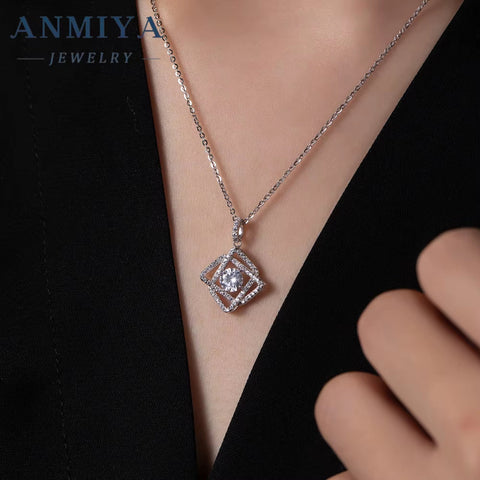ANMIYA Wholesale 925 Silver Simple Geometric Statement Necklace Hollow Diamond Zircon Square Pendant Necklace