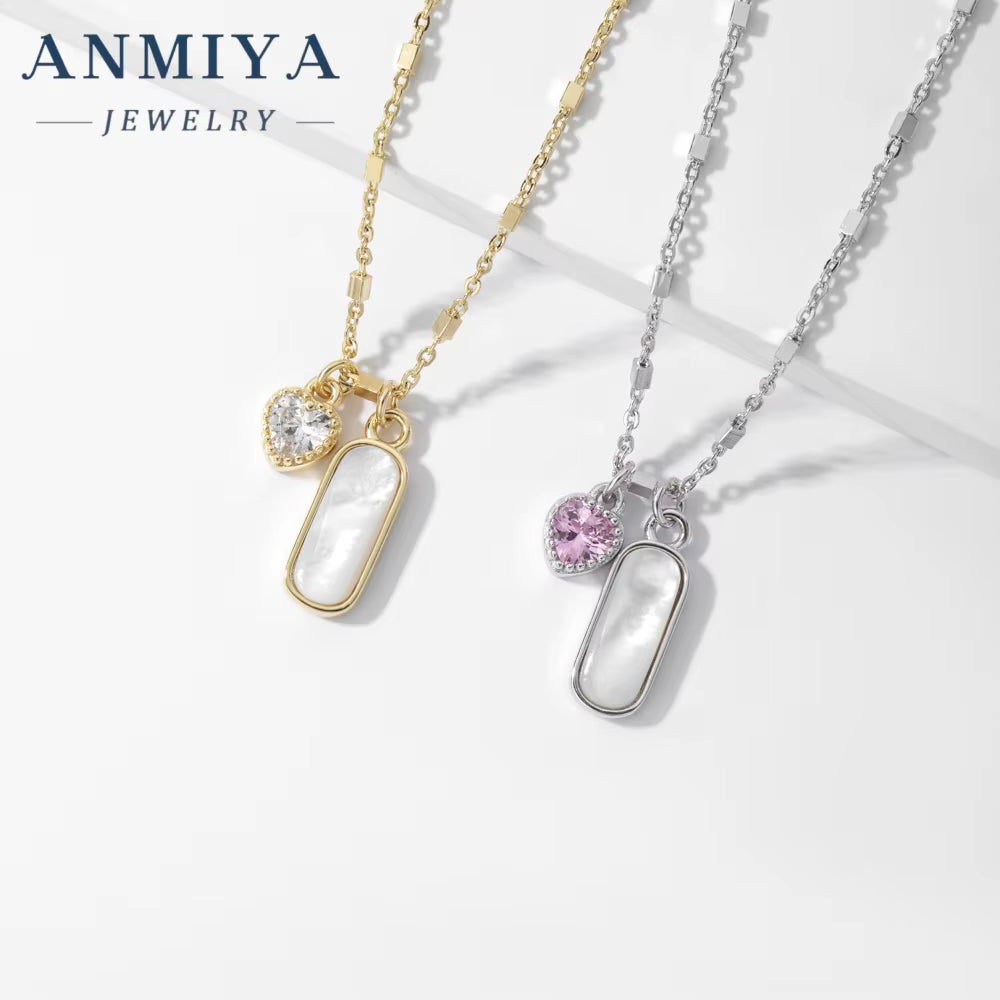 ANMIYA Rectangle White Shell Heart Pink Zircon 925 Silver Valentine'S Day Gift Charm Necklace for Women