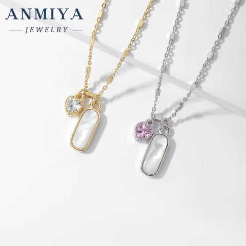 ANMIYA Rectangle White Shell Heart Pink Zircon 925 Silver Valentine'S Day Gift Charm Necklace for Women