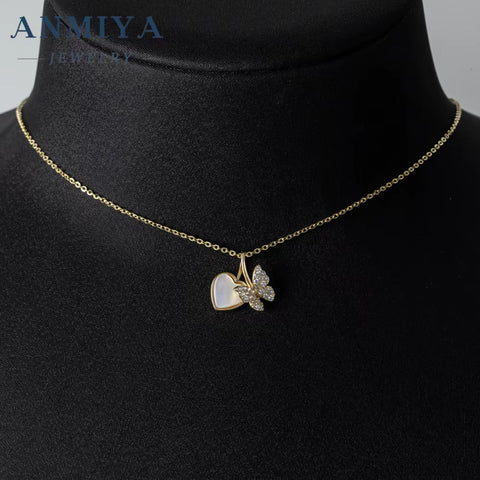 ANMIYA Shiny High Quality 925 Sterling Silver 18K Gold Butterfly and Heart Shape Fashion Necklace