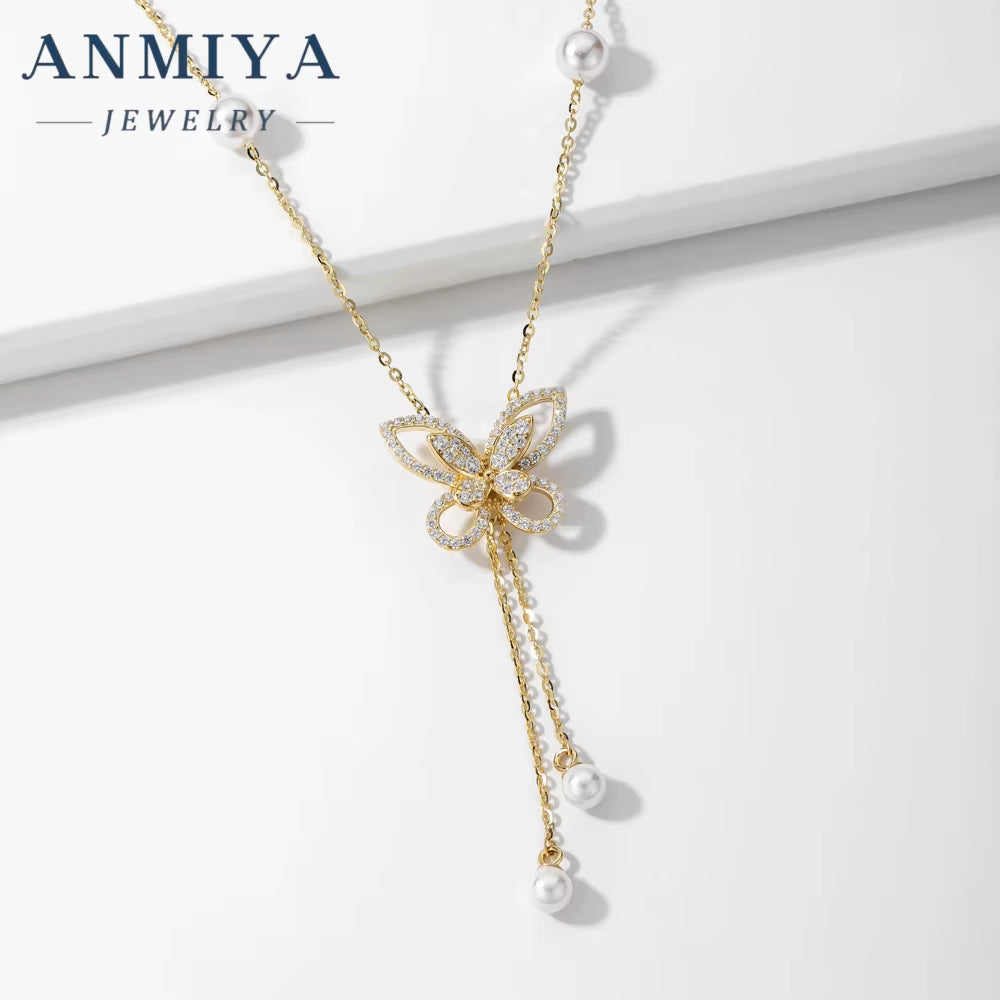 Wholesale Silver Necklace Women 925 Sterling Silver Full Zircon Pearl Butterfly Pendant Necklace Gold Plated Chain Necklaces