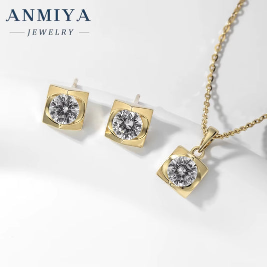 ANMIYA 2024 High Quality Square Zircon Pendant Necklace 925 Silver Zircon Crystal Earrings Necklace Set for Women
