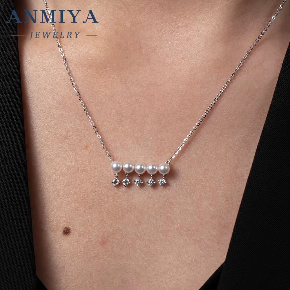 ANMIYA Fashion Chains One-Line Shape Fresh Water Pearl Collarbone Necklace 925 Sterling Silver Necklace