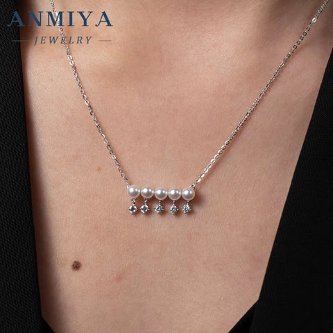 ANMIYA Fashion Chains One-Line Shape Fresh Water Pearl Collarbone Necklace 925 Sterling Silver Necklace