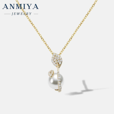 ANMIYA Trendy Jewelry Summer 2024 No Fade Adjustable Long Gold Plated 925 Silver Women Leaf Pearl Pendant Necklace
