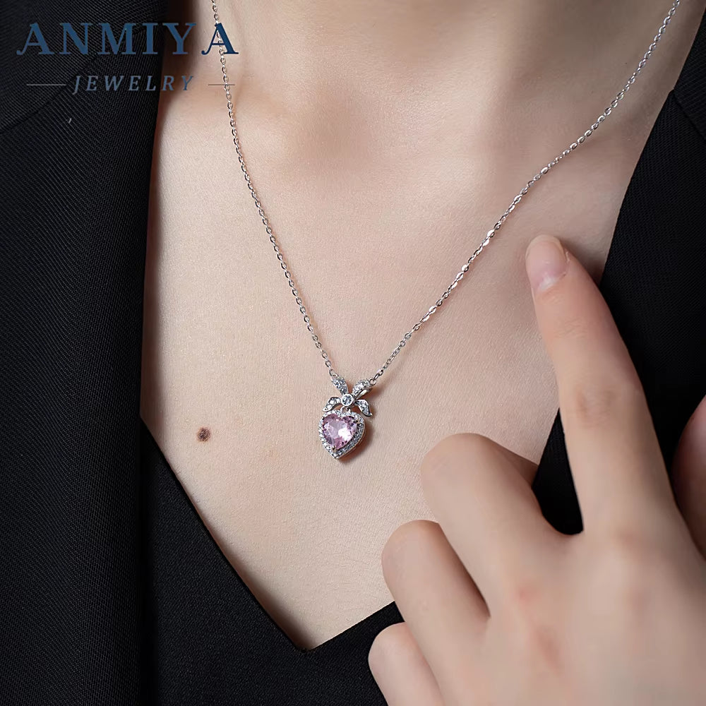 LOVE Heart Shape Pink Fashion Ins 925 Silver Ice Cut Zircon Women Necklace for Girlfriend