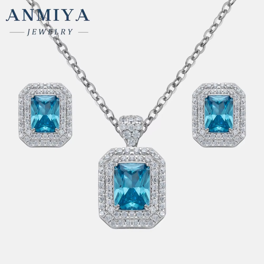 ANMIYA Fine Jewelry 925 Sterling Silver Necklace Vintage Sapphire Zircon Square Necklace Earrings Set Minimalist