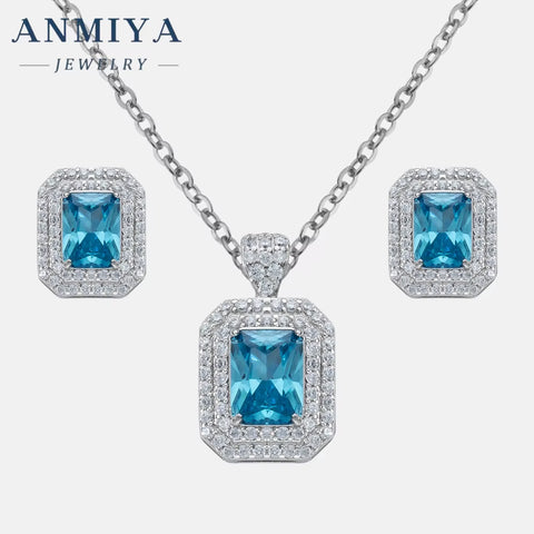 ANMIYA Fine Jewelry 925 Sterling Silver Necklace Vintage Sapphire Zircon Square Necklace Earrings Set Minimalist