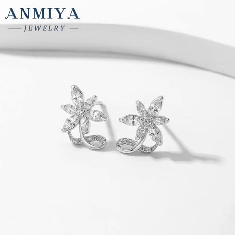 New Design Silver 925 Lab Diamond Ring Cubic Zirconia Flower Stud Earrings for Ladies