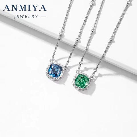 Luxury Women 925 Silver Square Ice Cut Zircon Necklaces with Green Women'S Neck Chain Wholesale Necklace Jewelry