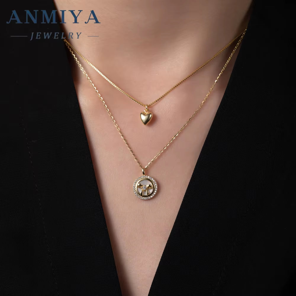 ANMIYA Unisex Accessory Jewelry Sterling 925 Multi-Layered 18K Gold Heart Zircon round Shape Trendy Necklace for Women