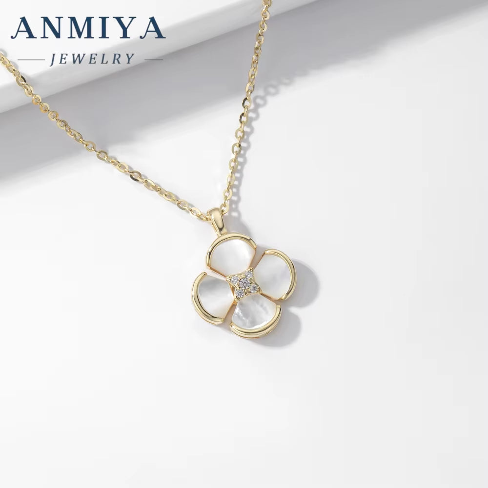 ANMIYA Fashion Charm High Quality 925 Silver Design Four Leaf Clover White Shell Necklace with Certificate